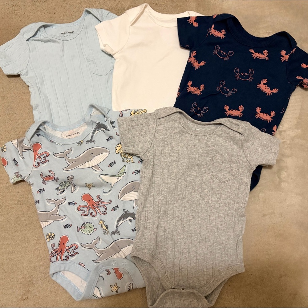 Baby Short-Sleeve One-Piece Bodysuit - Navy Crab & Ocean Print Set